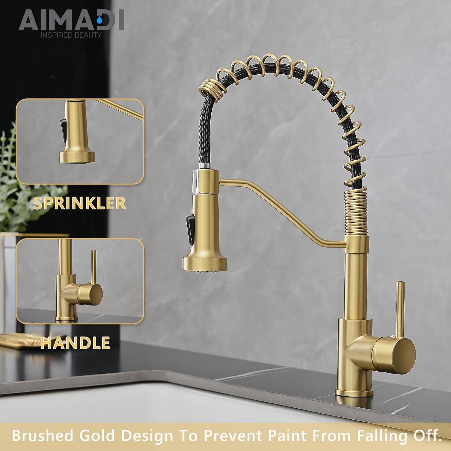 Brushed Gold Brass Kitchen Faucet with Pull-Out Spray