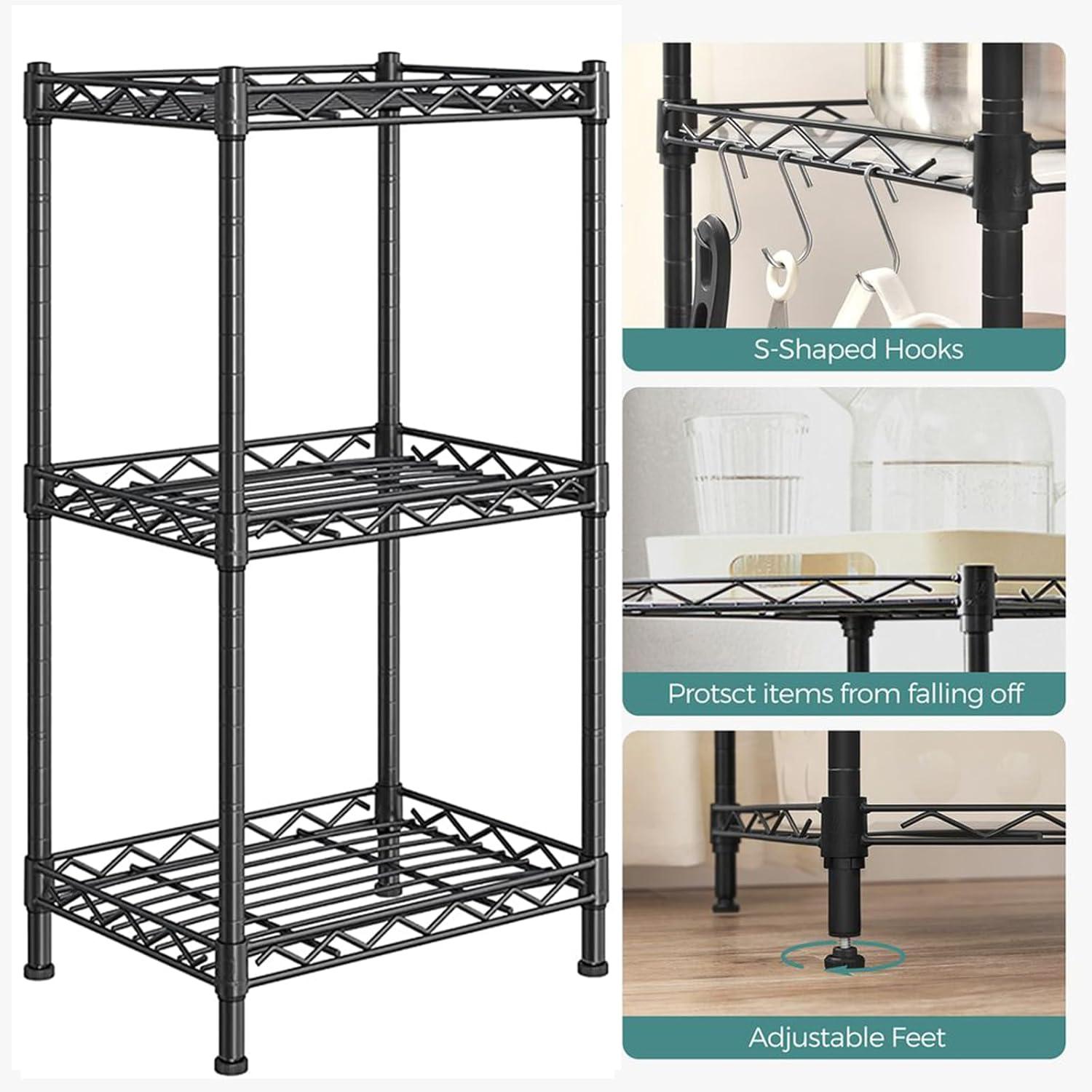 Santoy 3 Tier Storage Shelves Adjustable,Rack Metal Shelf Unit for Kitchen, Bathroom, Pantry, Closet, and Bedroom - Strong Steel Wire Organizer (Black, 17.7" L x 11.8" W x 31.5" H)
