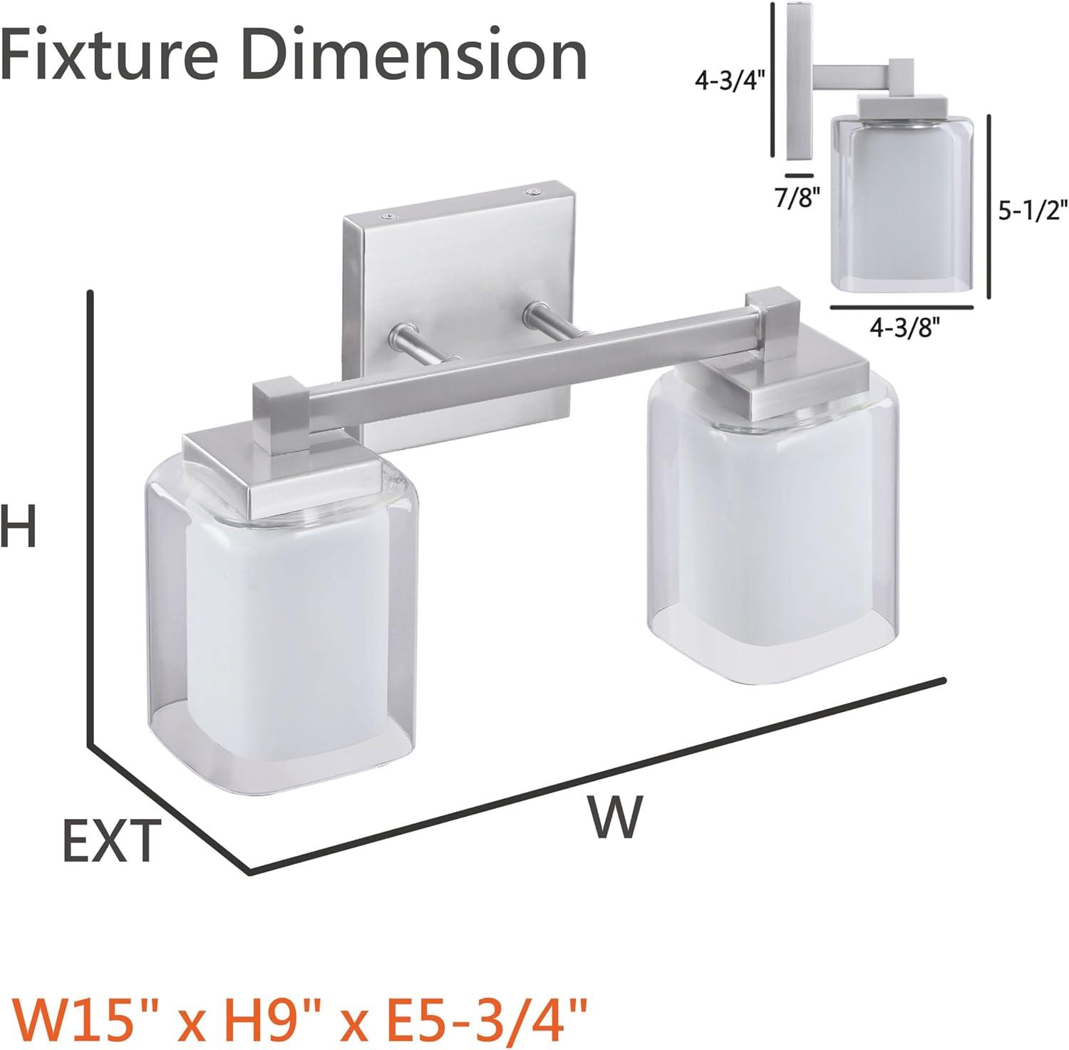 Aspen Creative 62326, Bathroom Vanity 2 Lights Fixture 15" W x 9" H x 5-3/4"E, Satin Nickel Finish, Bulb Not Included