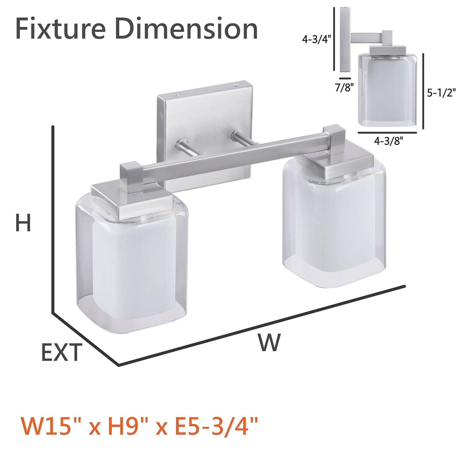 Aspen Creative 62326, Bathroom Vanity 2 Lights Fixture 15" W x 9" H x 5-3/4"E, Satin Nickel Finish, Bulb Not Included