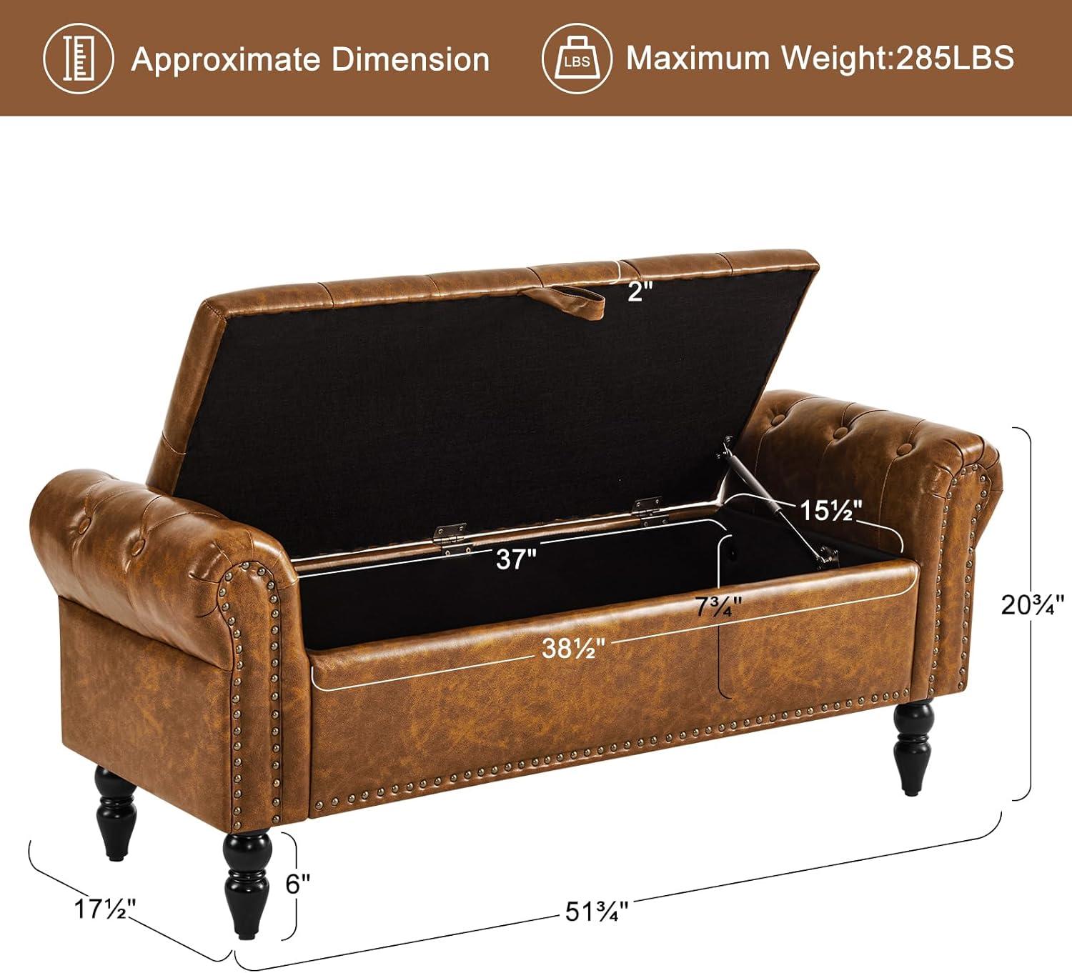 Furniliving Storage Ottoman Bench with Arms Button Tufted End of Bed Bench Large Storage Bench for Bedroom, Entryway, YellowBrown