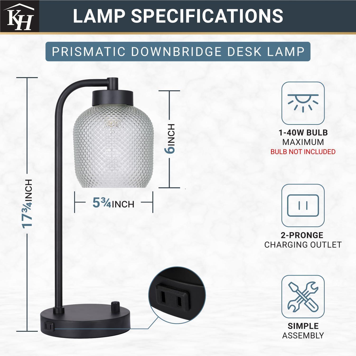 Kenroy Home Prismatic Glass Downbridge Black Desk and Task Lamp with Adjustable Arm and Energy-Efficient Lighting for Home Offices, Workspaces, and Study Areas
