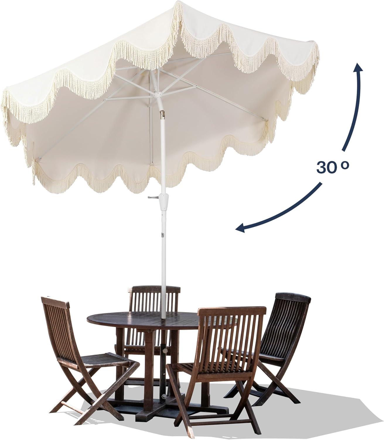 JONATHAN Y Collins 9 ft. Classic Cottage Tassel Market Patio Umbrella with Auto-Tilt, Crank, Wind Vent and UV Protection in Cream