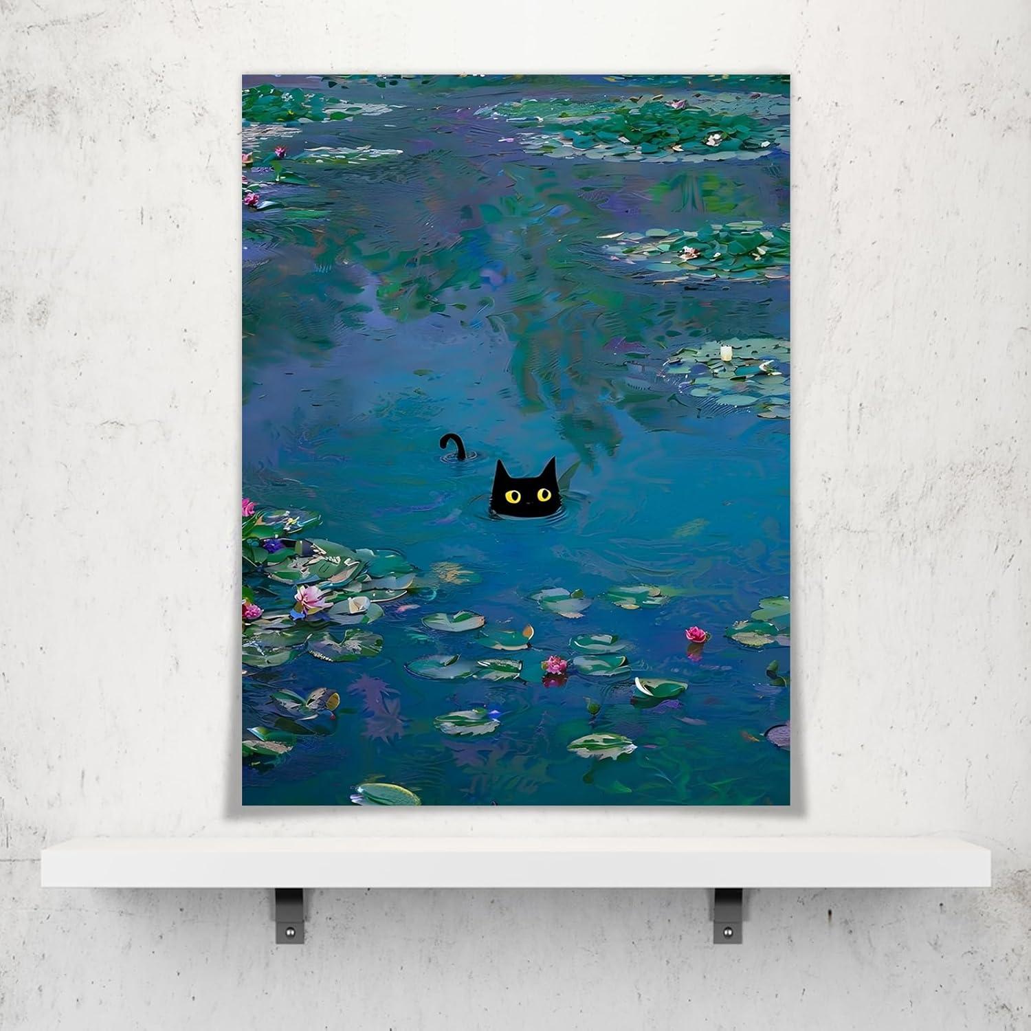 Black Cat Wall Art Monet Canvas Prints Vintage Famous Oil Paintings Funny Cat in Water Lilies Posters Room Decor For Bedroom Living Room Bathroom Aesthetic Wall Decor 12x16in Unframed