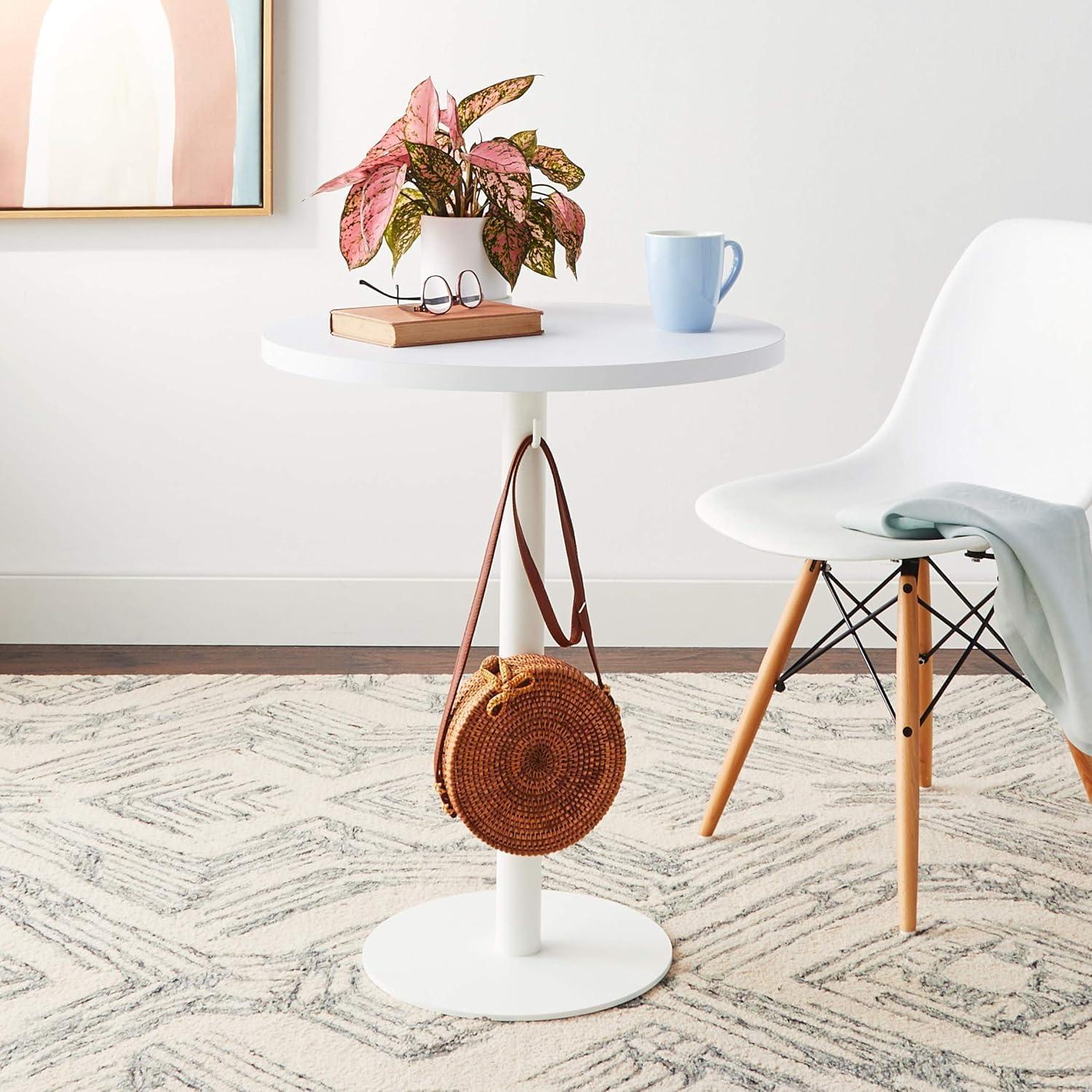 Proman Products Cava Round Solid Wood Coffee Table with Metal Base and Hooks for Bags Purses, White