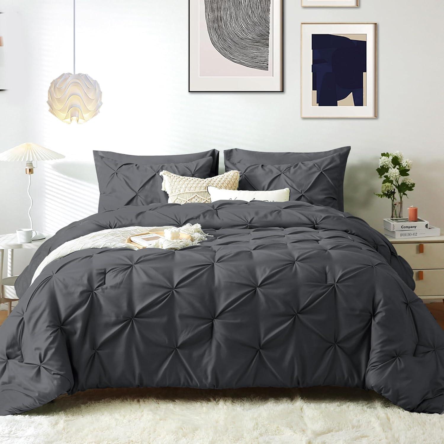 Dark Grey Pintuck Queen Bed in a Bag Set