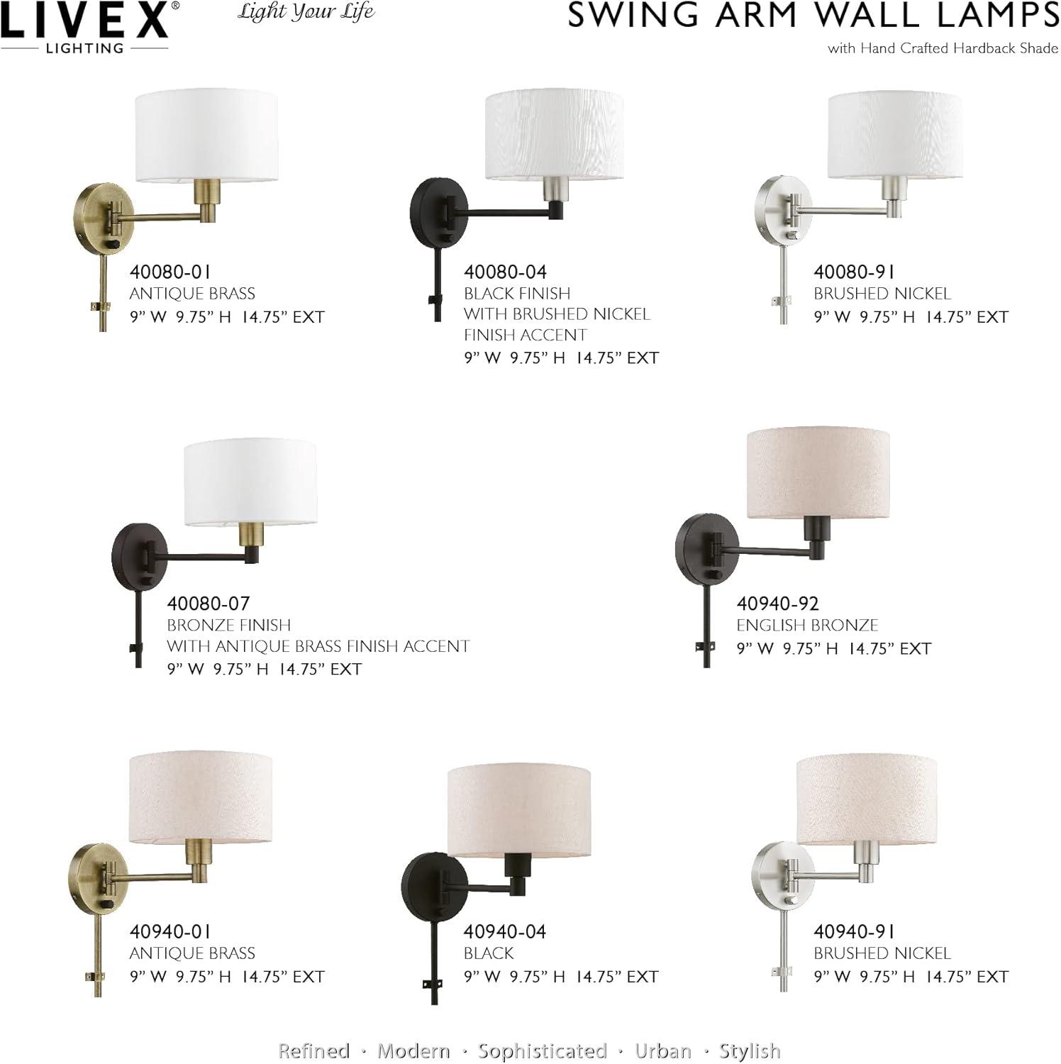 Transitional Brushed Nickel Swing Arm Wall Lamp with Off-White Shade