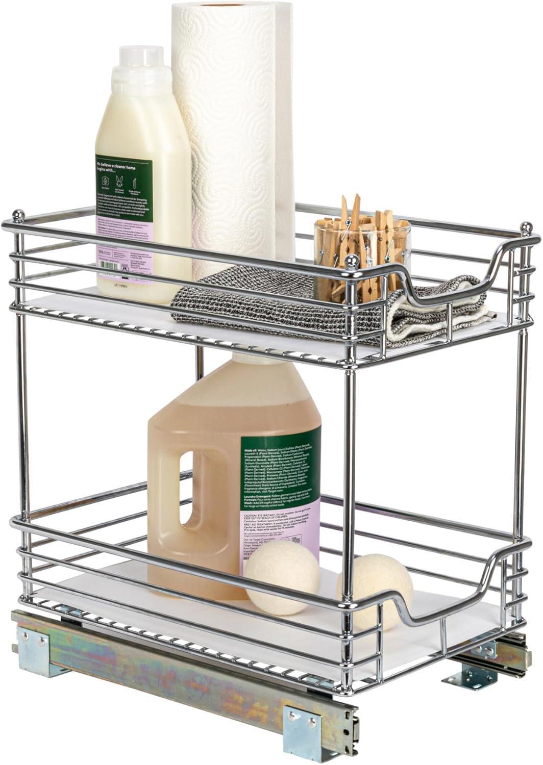 Household Essentials Glidez Multipurpose Chrome-Plated Steel Pull-Out/Slide-Out Storage Organizer with Plastic Liner for Under Cabinet Use - 2-Tier Design - Fits Standard Size Cabinet or Shelf, Chrome