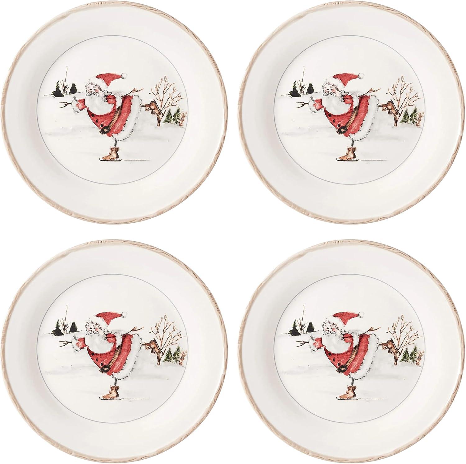 Holiday Santa Skating Ceramic Dinner Plates, Set of 4, 11-Inch