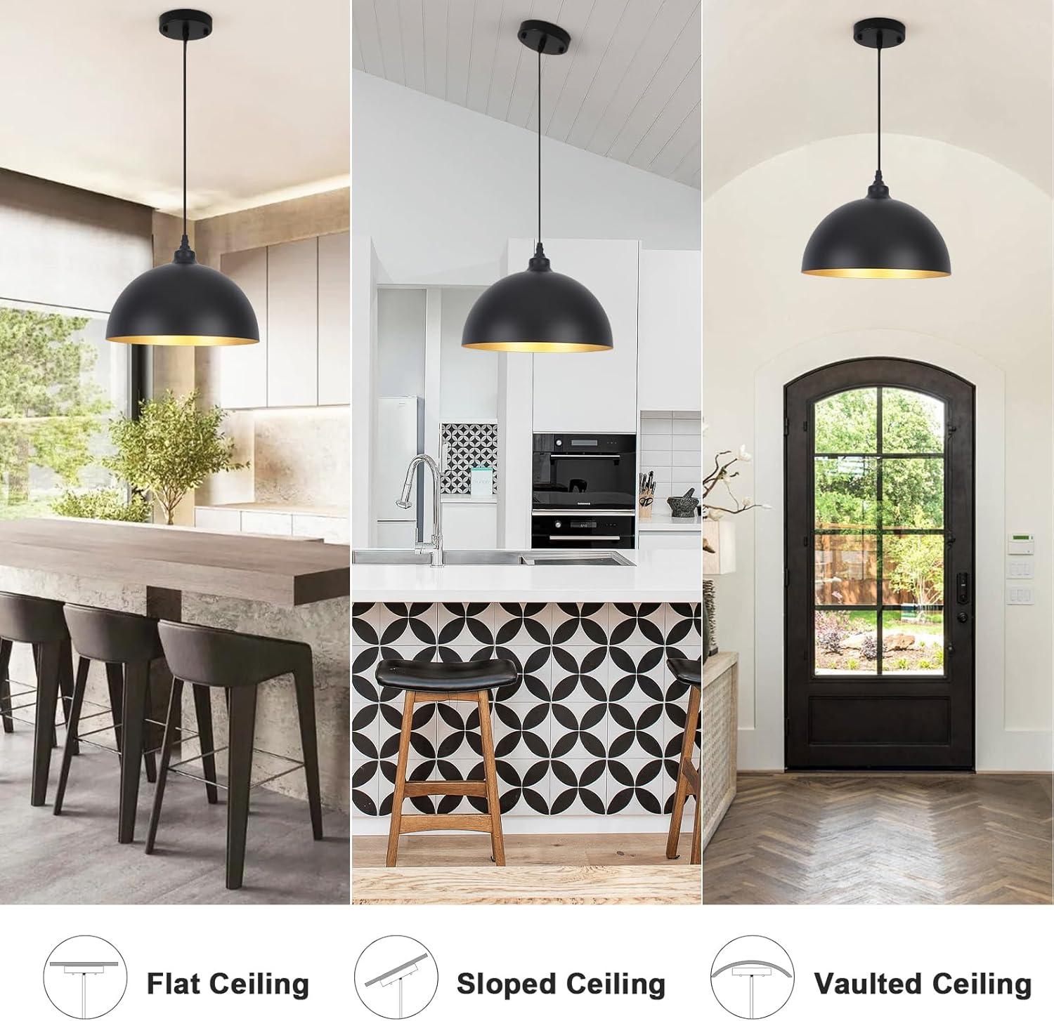 2-Pack Black Pendant Lights, 11.81'' Modern Pendant Lights Kitchen Island, Dome Large Pendant Light for Dining Room Foyer Bedroom Entryway Hallway Light Fixtures