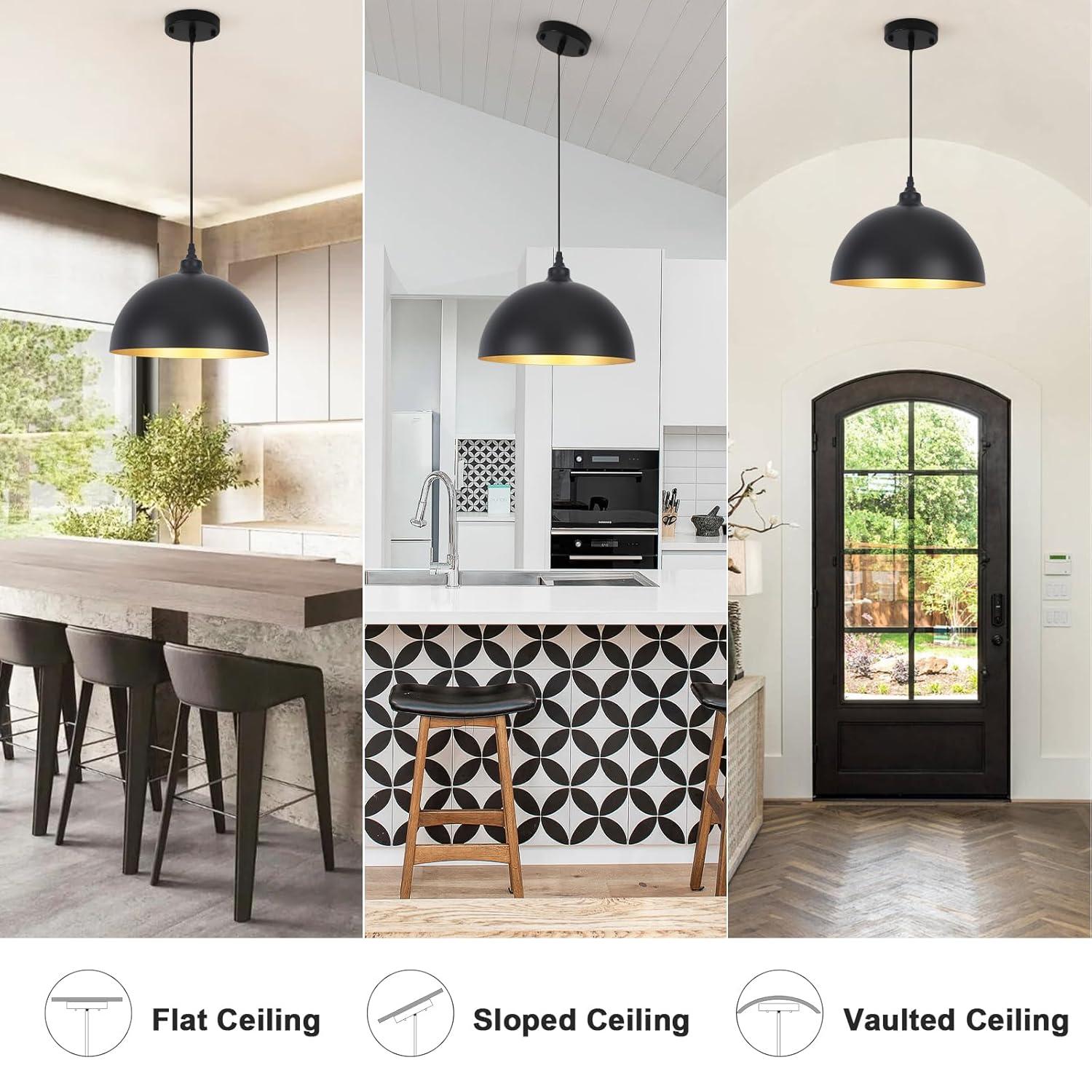 2-Pack Black Pendant Lights, 11.81'' Modern Pendant Lights Kitchen Island, Dome Large Pendant Light for Dining Room Foyer Bedroom Entryway Hallway Light Fixtures