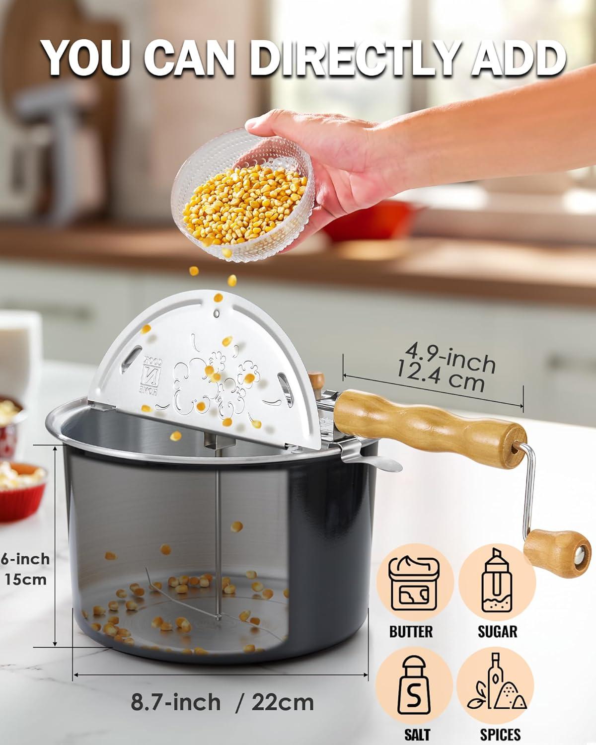 Cook N Home Stovetop Popcorn Popper with Crank, 6-Quart Aluminum Popcorn Pot Popcorn Maker, Black