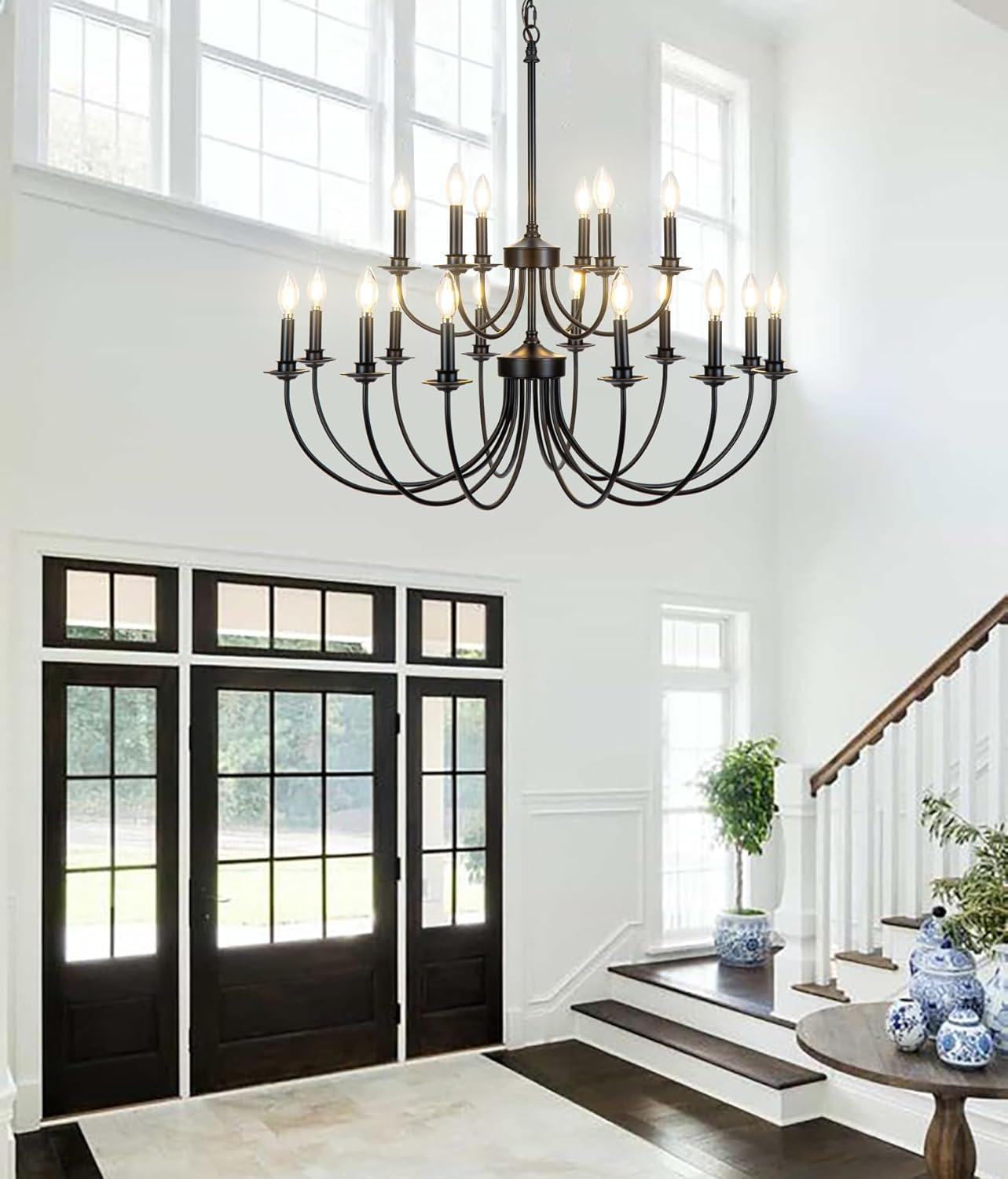 Gracie Oaks Vintage Farmhouse 18-Light 2-Tier Black Chandelier, Retro Round Pendant Light Fixture For Industrial Decor