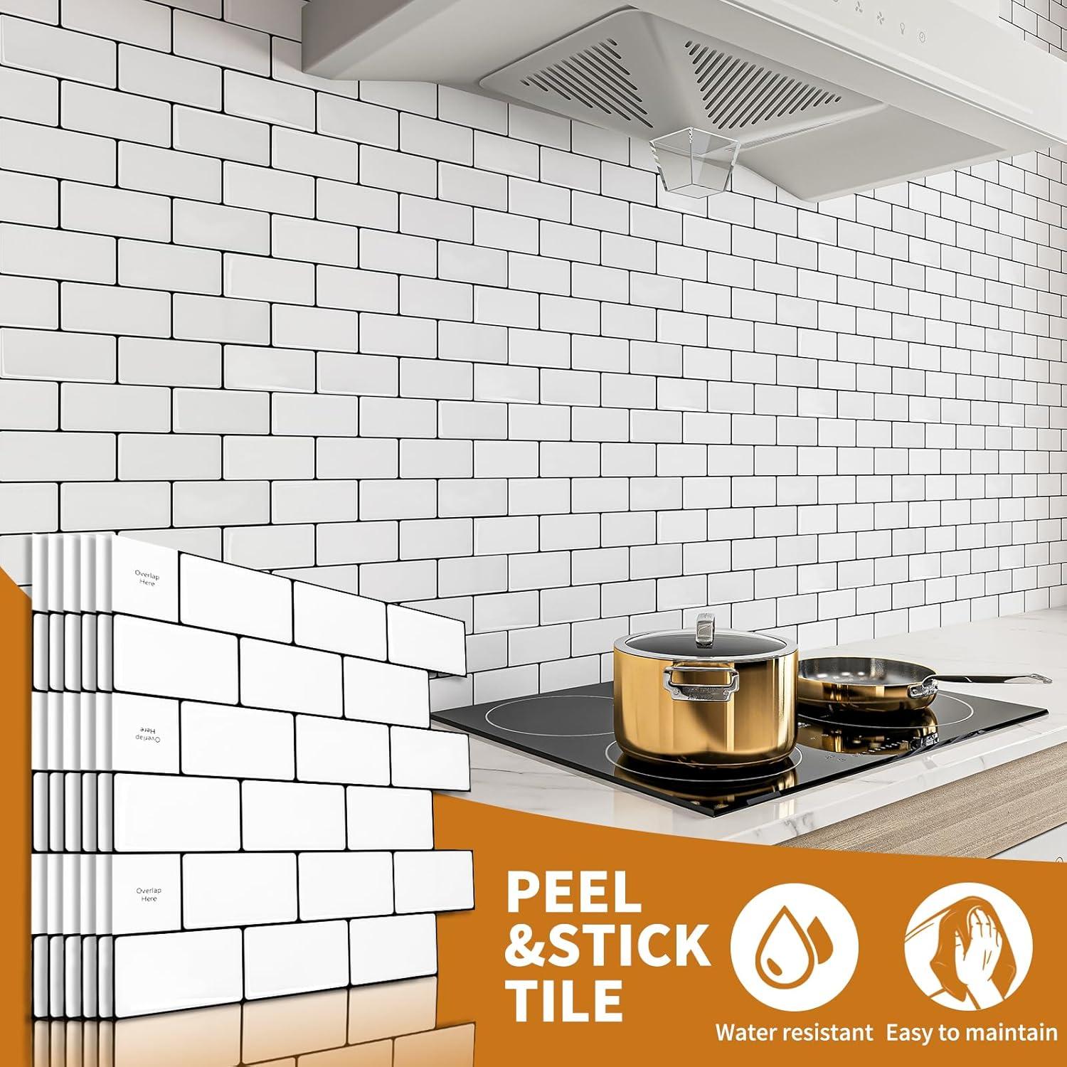 Art3d Peel and Stick Backsplash Tile, 10-Sheet Stick on Subway Tiles for Kitchem, Bathroom Back Splashes, 12"x12", Warm White with Black Grout