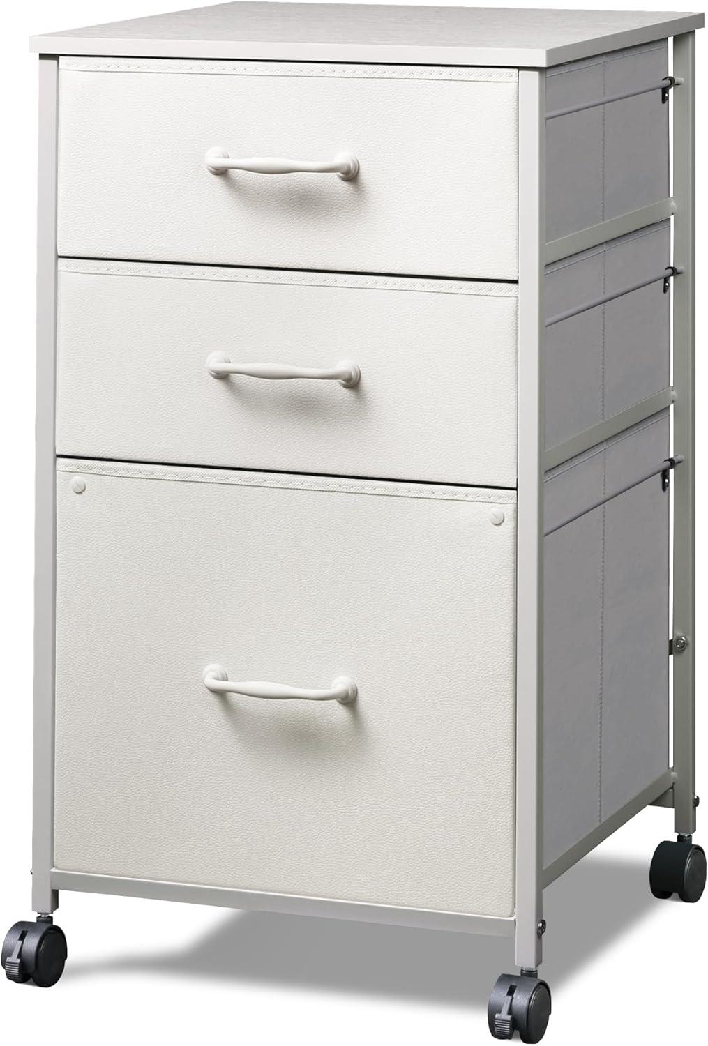 White Fabric and Steel Mobile File Cabinet with 3 Drawers