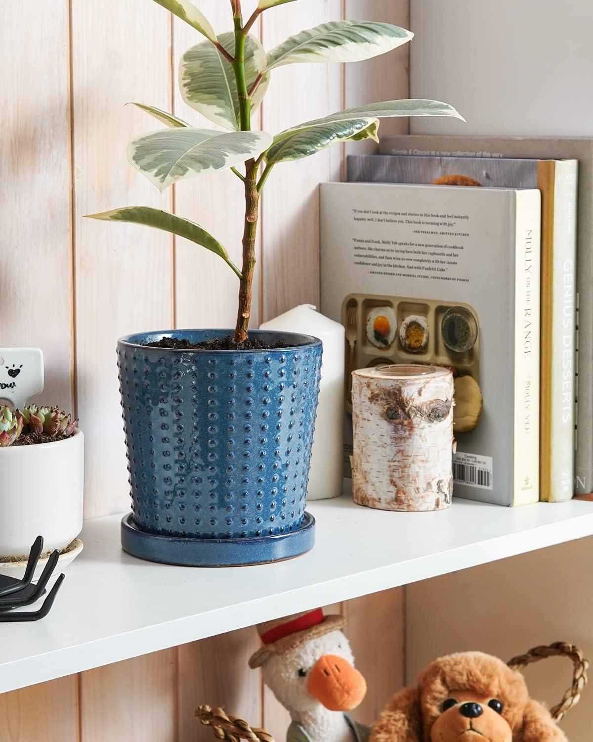 BEMAY 5.5" Plant Pots, Ceramic Indoor Planters with Drainage and Tray, Set of 2 Flower Pots for Succulent,Plants, Reactive Glaze Blue