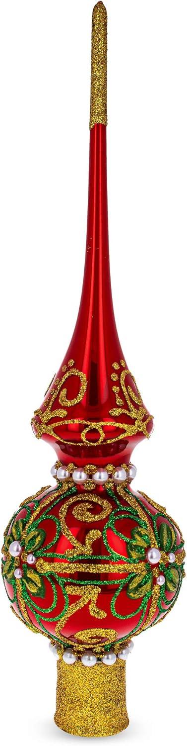 Dimensional White Pearls on Glossy Red Blown Glass Christmas Tree Topper 11 Inches