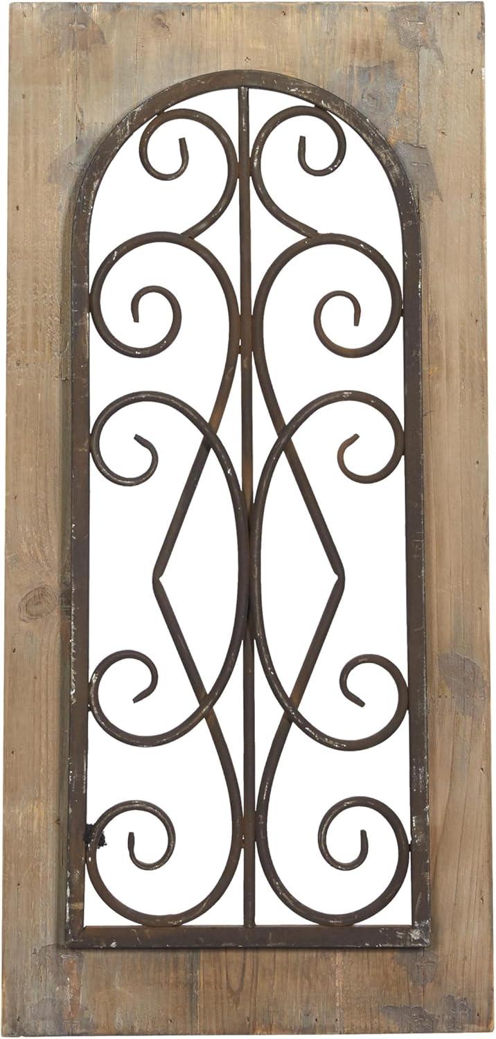Deco 79 Wood Scroll Home Wall Decor Window Inspired Wall Sculpture with Metal Scrollwork Relief, Wall Art 11" x 2" x 23", Brown