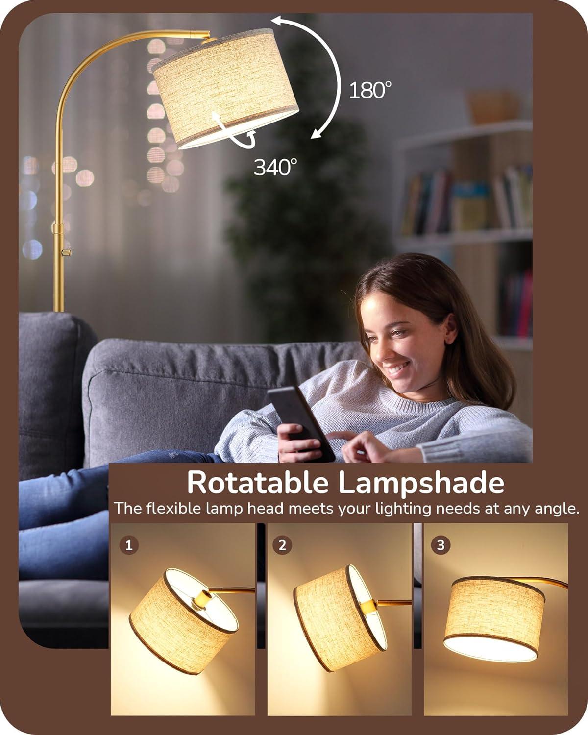 EDISHINE Modern Arc Floor Lamp with Beige Linen Drum Shade & Heavy Base, Dimmable Black Reading Light, Remote Control Bulb Included, Tall Standing Lamp for Reading, Office, Lighting