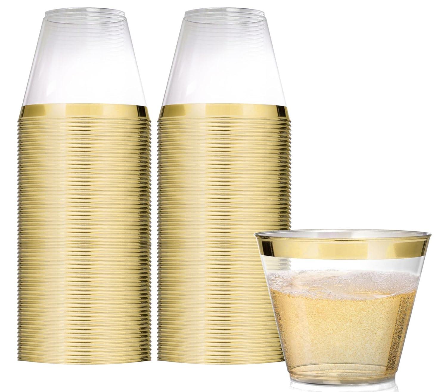 Stock Your Home 9oz Hard Plastic Party Cups 100 Pack - Gold Rim