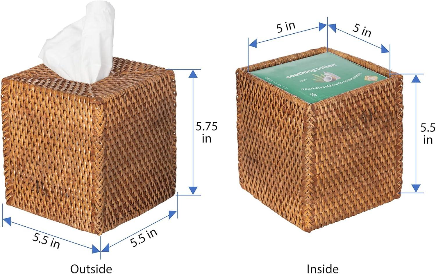 Kouboo Loma Square Rattan Tissue Box Cover, Square Hand Woven Tissue Holder, Decorative Facial Napkin Holder, Honey Brown