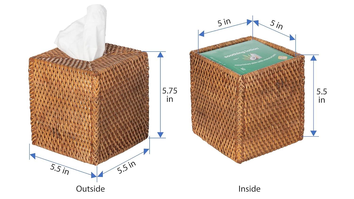 Kouboo Loma Square Rattan Tissue Box Cover, Square Hand Woven Tissue Holder, Decorative Facial Napkin Holder, Honey Brown