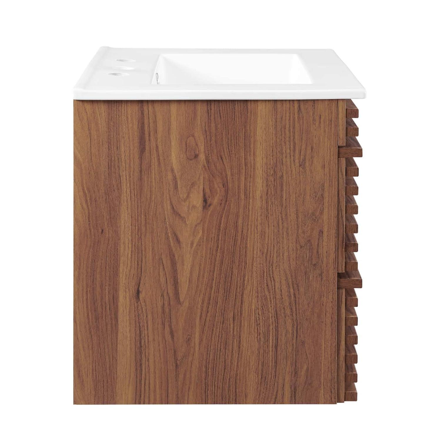 Modway Render 24" Wall-Mount Bathroom Vanity – Mid-Century Modern Floating Sink Cabinet in Walnut and White Finish