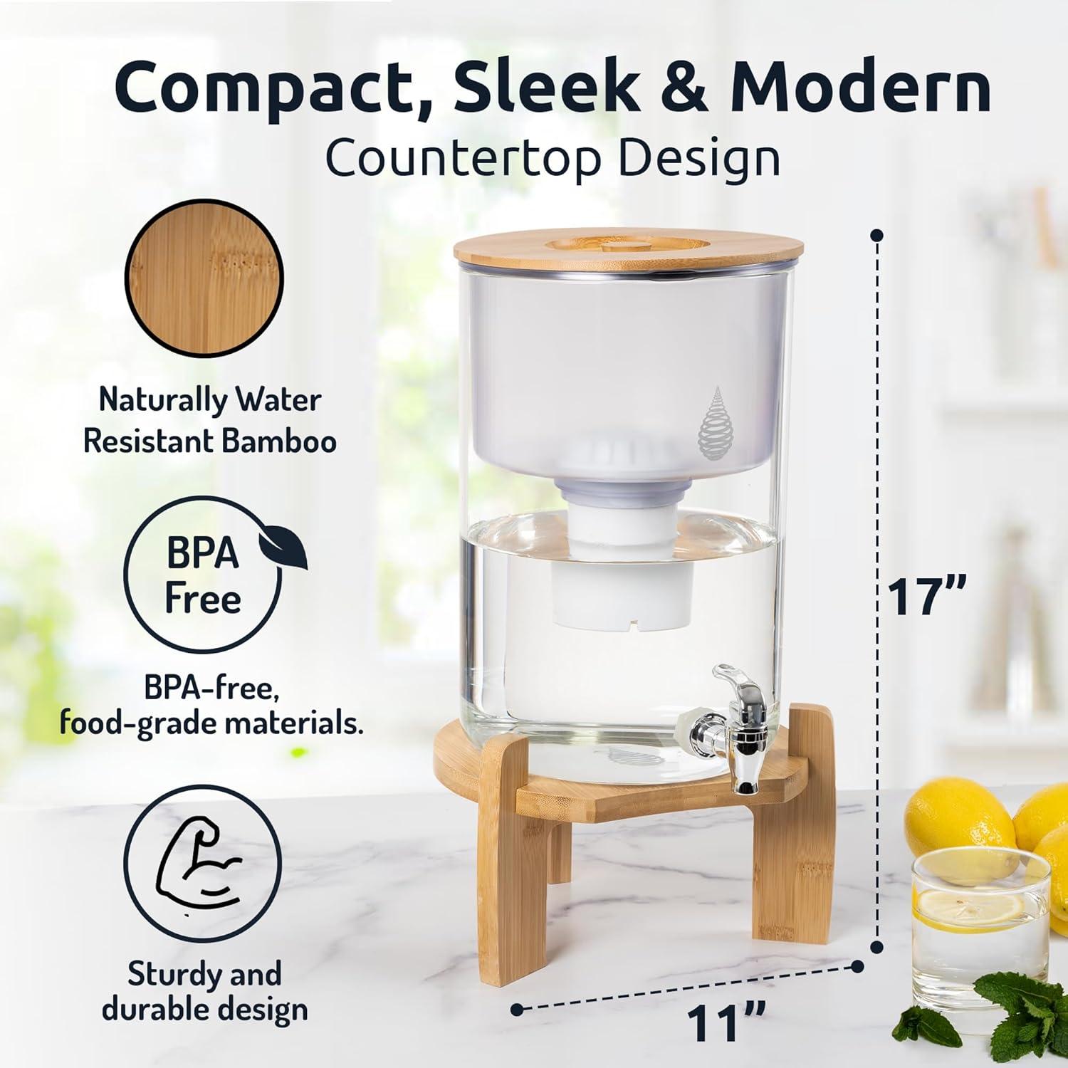 Invigorated Water pH Recharge Alkaline Water Filter Dispenser – BPA-Free Glass Countertop Water Filter Pitcher Purifier for Home & Office, 36-Cup Capacity, 360L Long Filter Life (Bamboo/Marble)