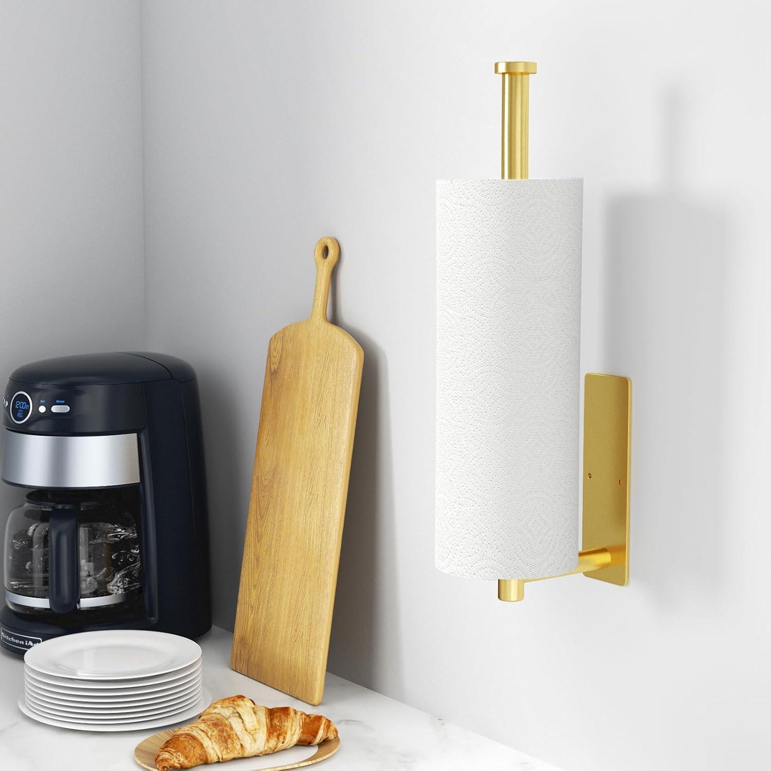 Paper Towel Holder- Self Adhesive or Drilling Gold Stainless Steel Wall Mount Towel Holder