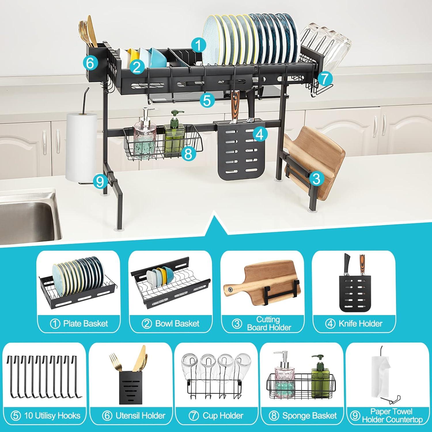 CREATIVE HOBBIES Over The Sink Dish Drying Rack Kitchen Large Dish Drying Rack Effective Dish Drying Kitchen Drying Rack with Hooks Paper Towel Utensil Cup Holder Sink Caddy Adjustable 25.6" to 35.5"