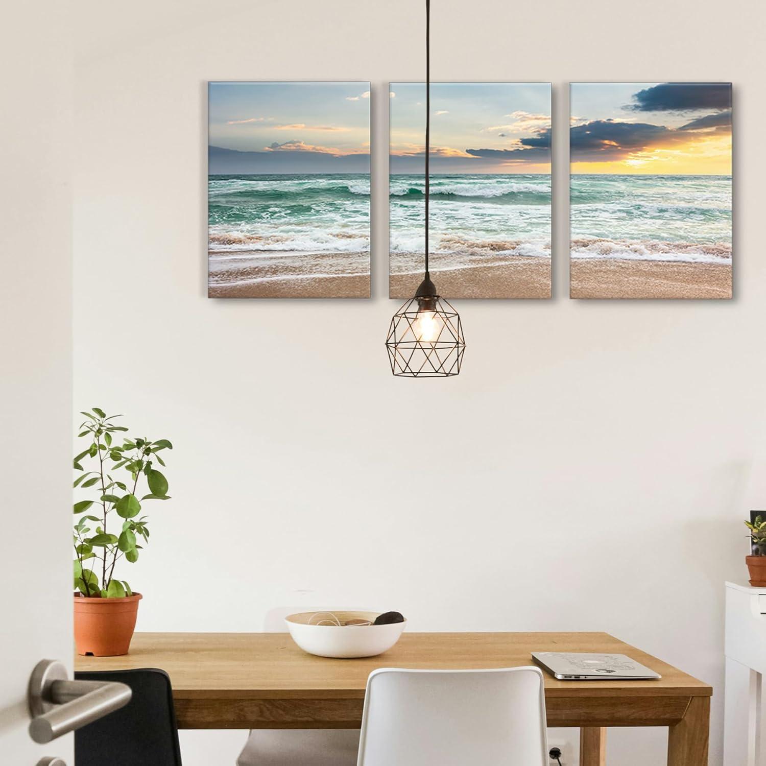 Asdg12s-3 Panel Wall Art Blue Sea Sunset White Beach Painting The Picture Print On Canvas Seascape The Pictures for Home Decor Decoration,Ready to Hang