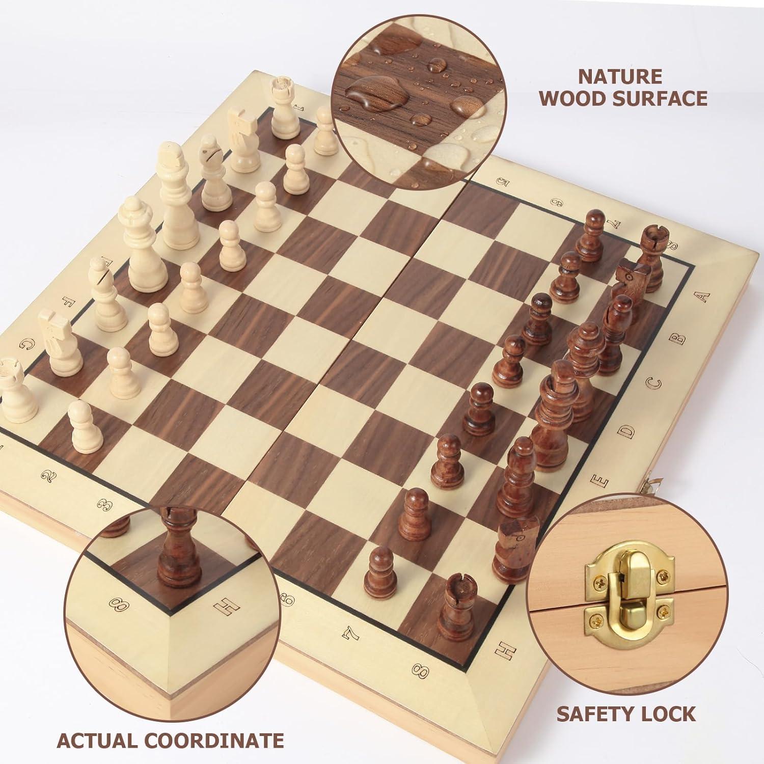 15" Folding Wooden Chess Set with Hand-Carved Pieces