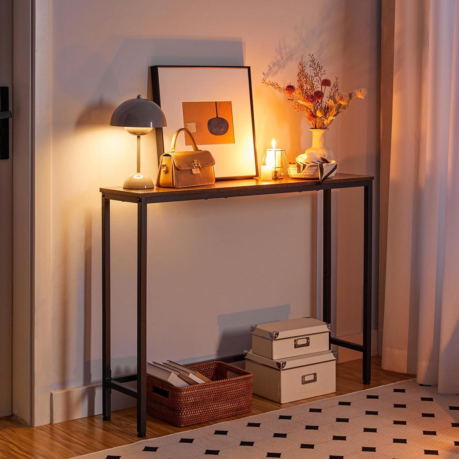 Rustic Brown and Black Wood Metal Console Table with Storage