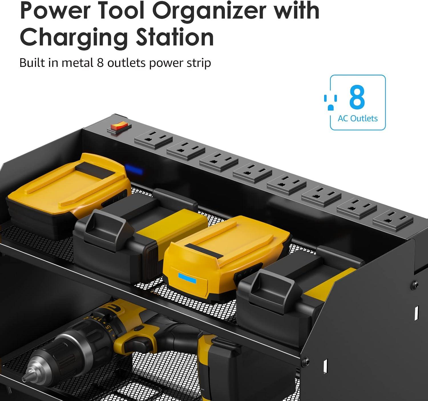 Black Steel Modular Power Tool Organizer with Charging Station