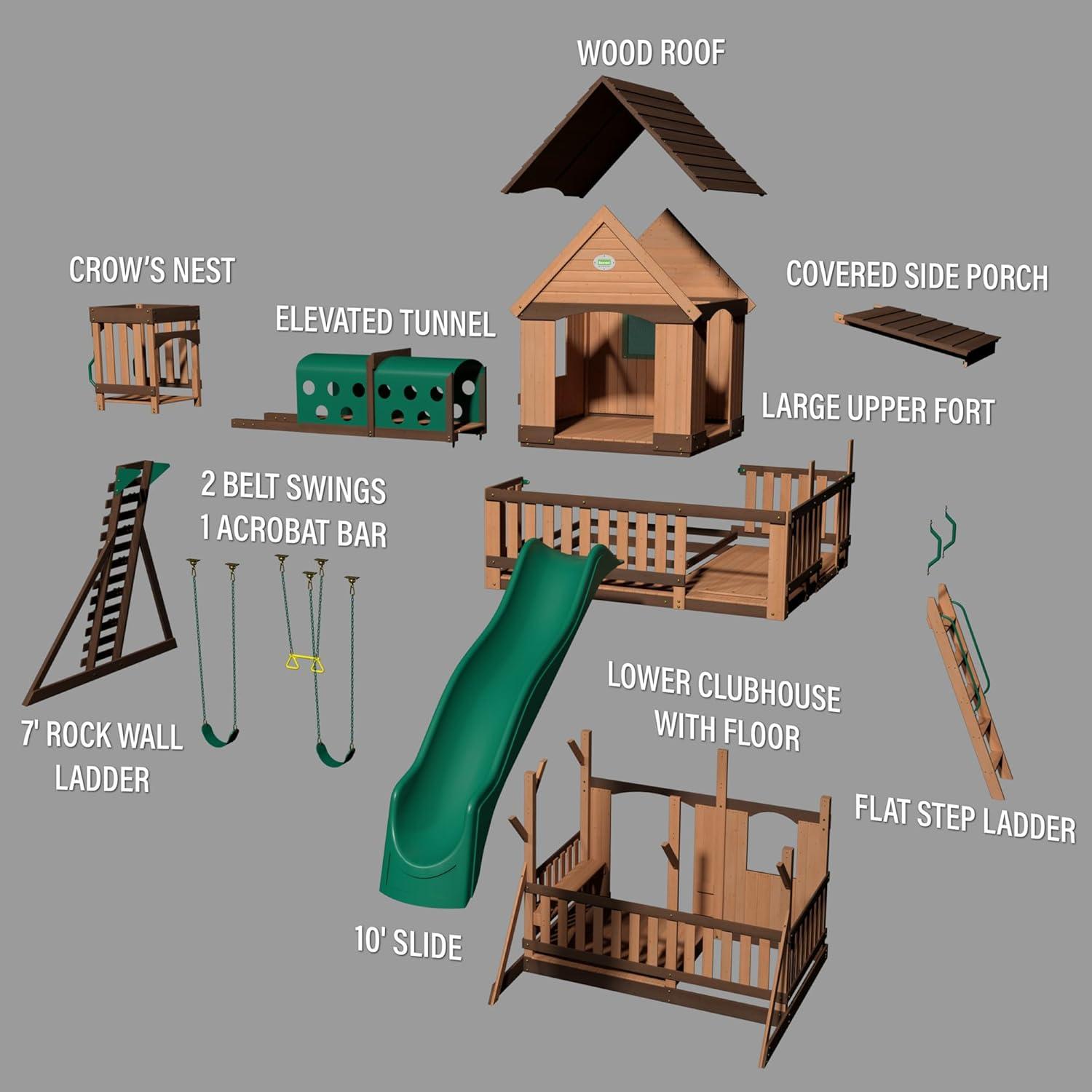 Backyard Discovery Backyard Discovery Woodridge Elite Cedar Wood Swing Set with Wave Slide, Clubhouse, Crawl Tunnel, and Crow's Nest