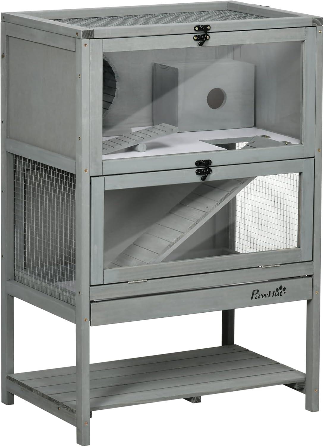 Gray Wooden Multi-Level Hamster Cage with Storage Shelf