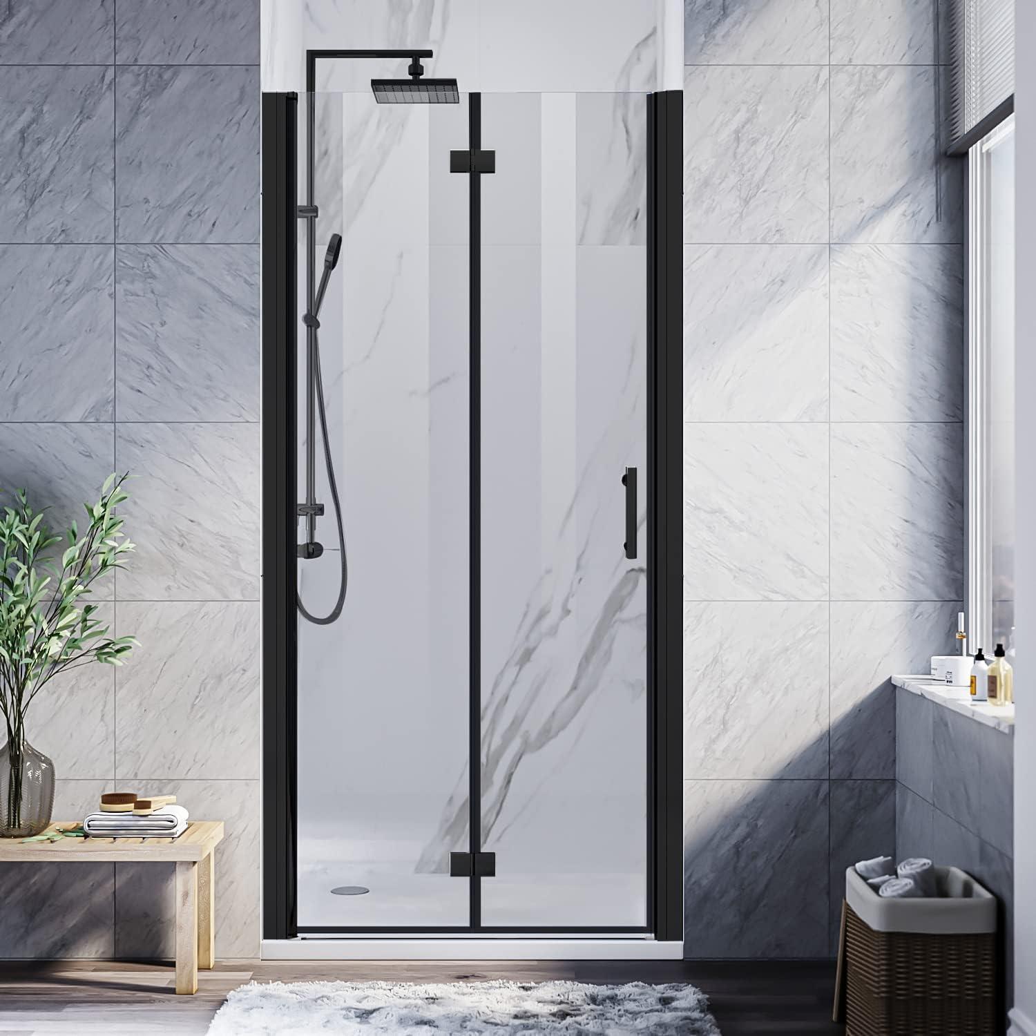 Matte Black Frameless Bifold Glass Shower Door 30" x 72"