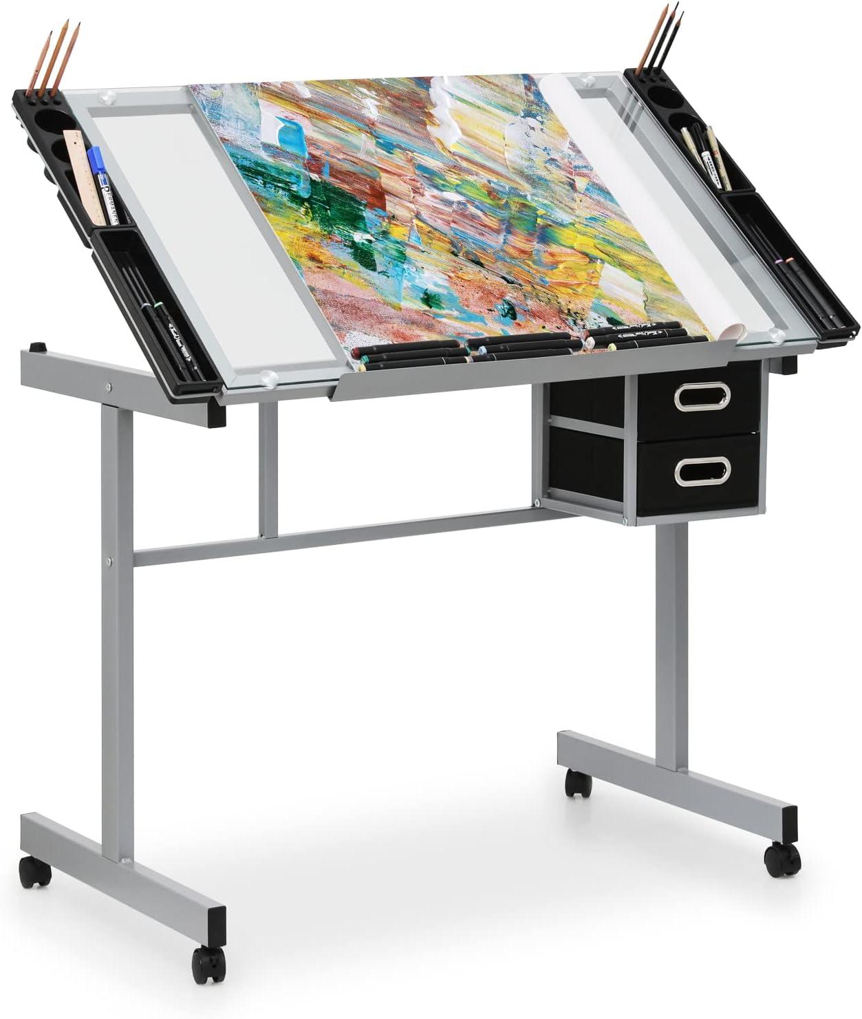 MoNiBloom Craft and Drawing Station with Tempered Glass Top, Dual Drawers, and Angle Adjustable Grey Drafting Table