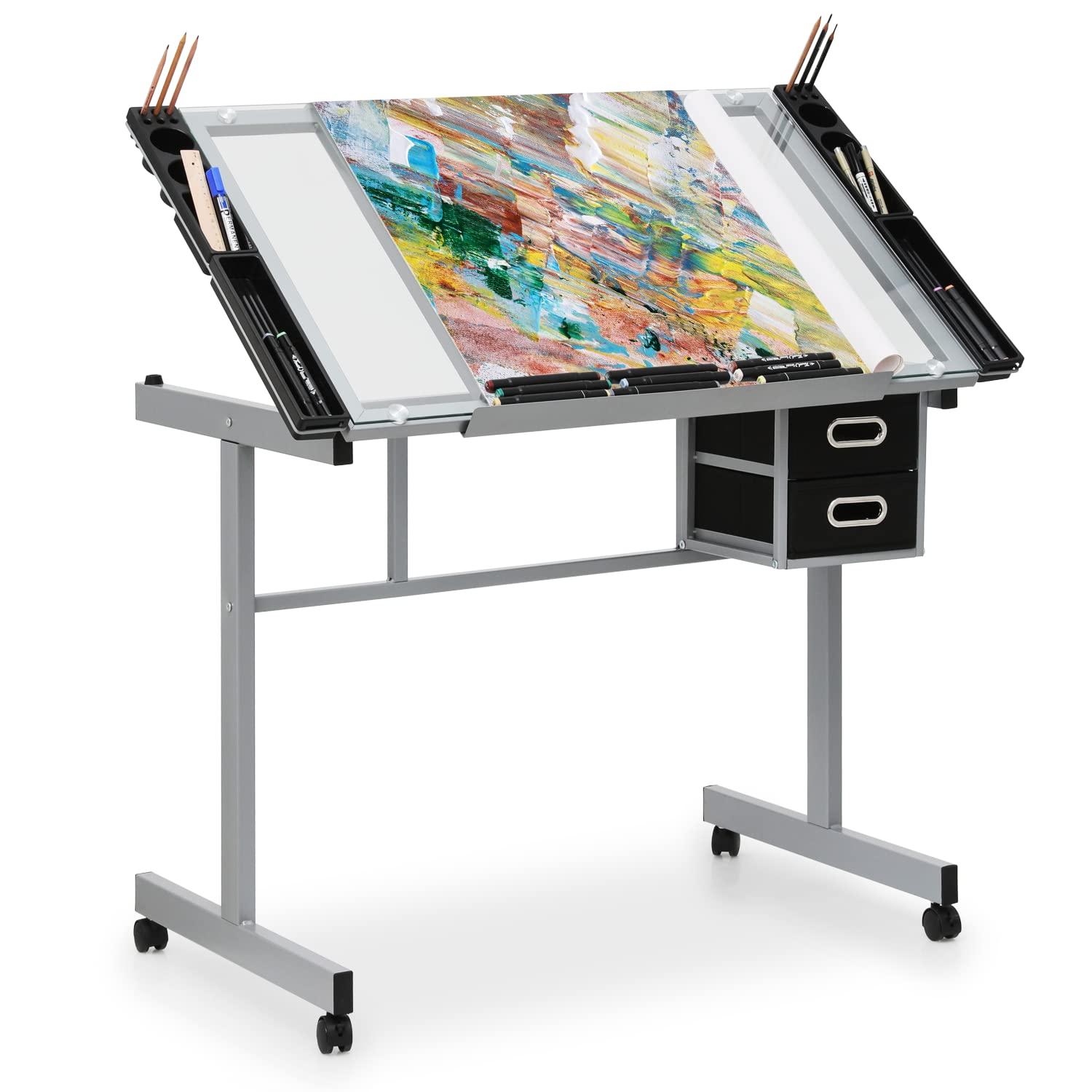 LIQI Drafting Table on Wheels with Storage & Side Tray - Adjustable 0-65° Glass Tabletop, Replaceable Feet Art Desk