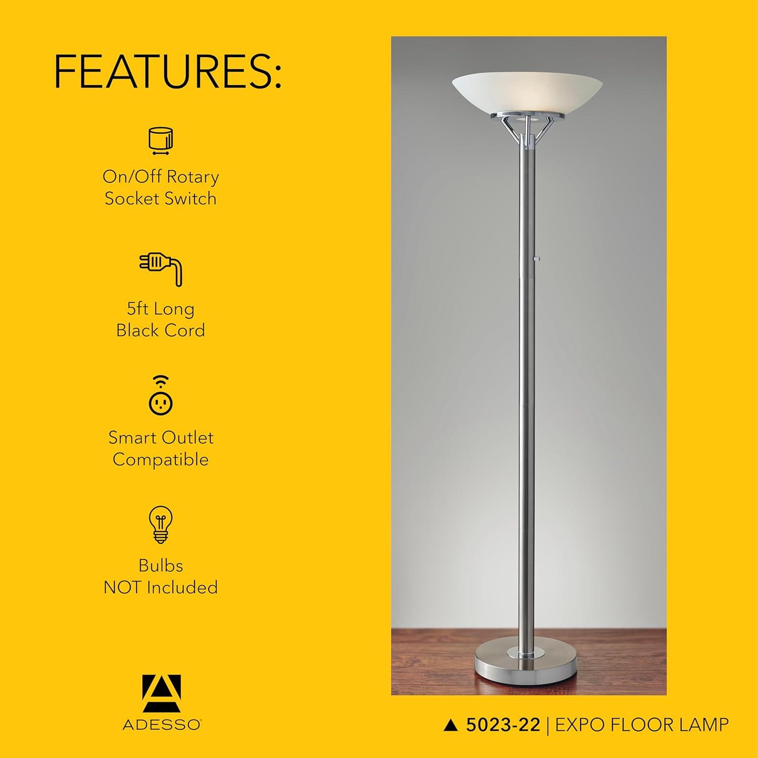 71.5" Expo Floor Lamp Silver - Adesso: ETL Listed, Metal Body, Glass Shade, 2 Sockets, Modern Design