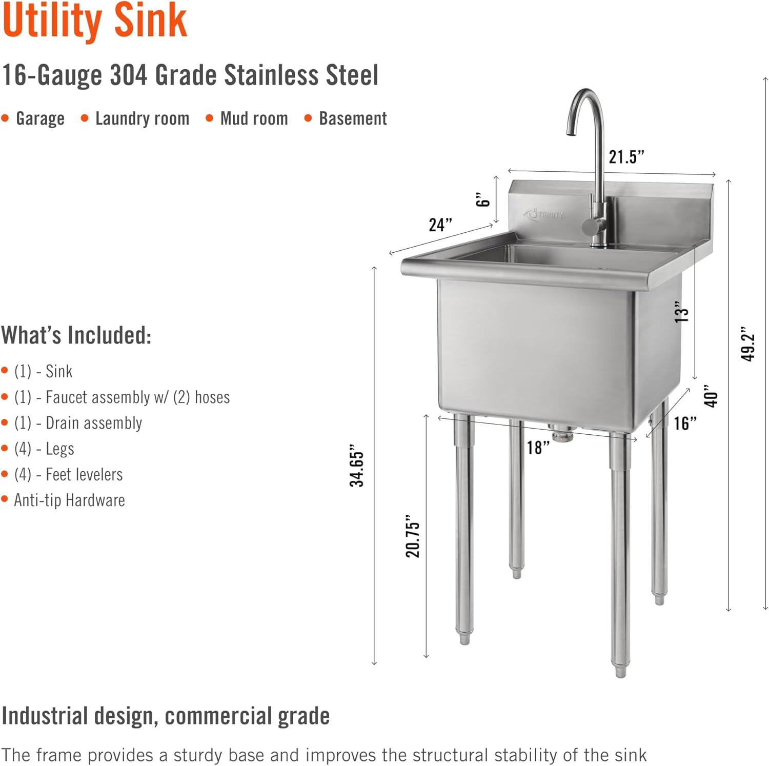 TRINITY EcoStorage 21.5 in. W x 49.3 in. H x 24 in. D NSF Stainless Steel Utility Sink w/ Faucet