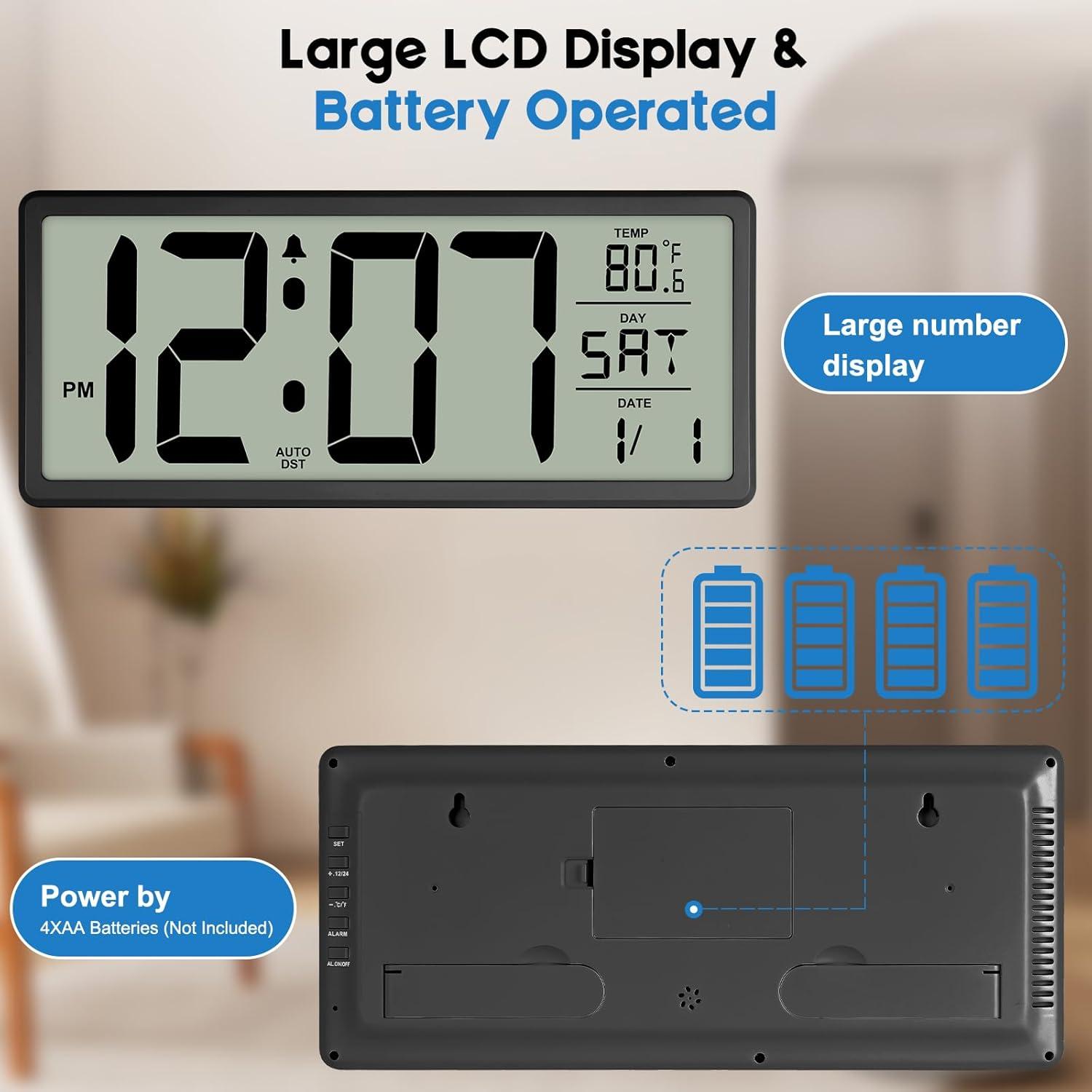WallarGe 14.5'' Large Digital Wall Clock Battery Operated with Jumbo Numbers, Temperature and Date - Easy to Read and Set, Auto DST
