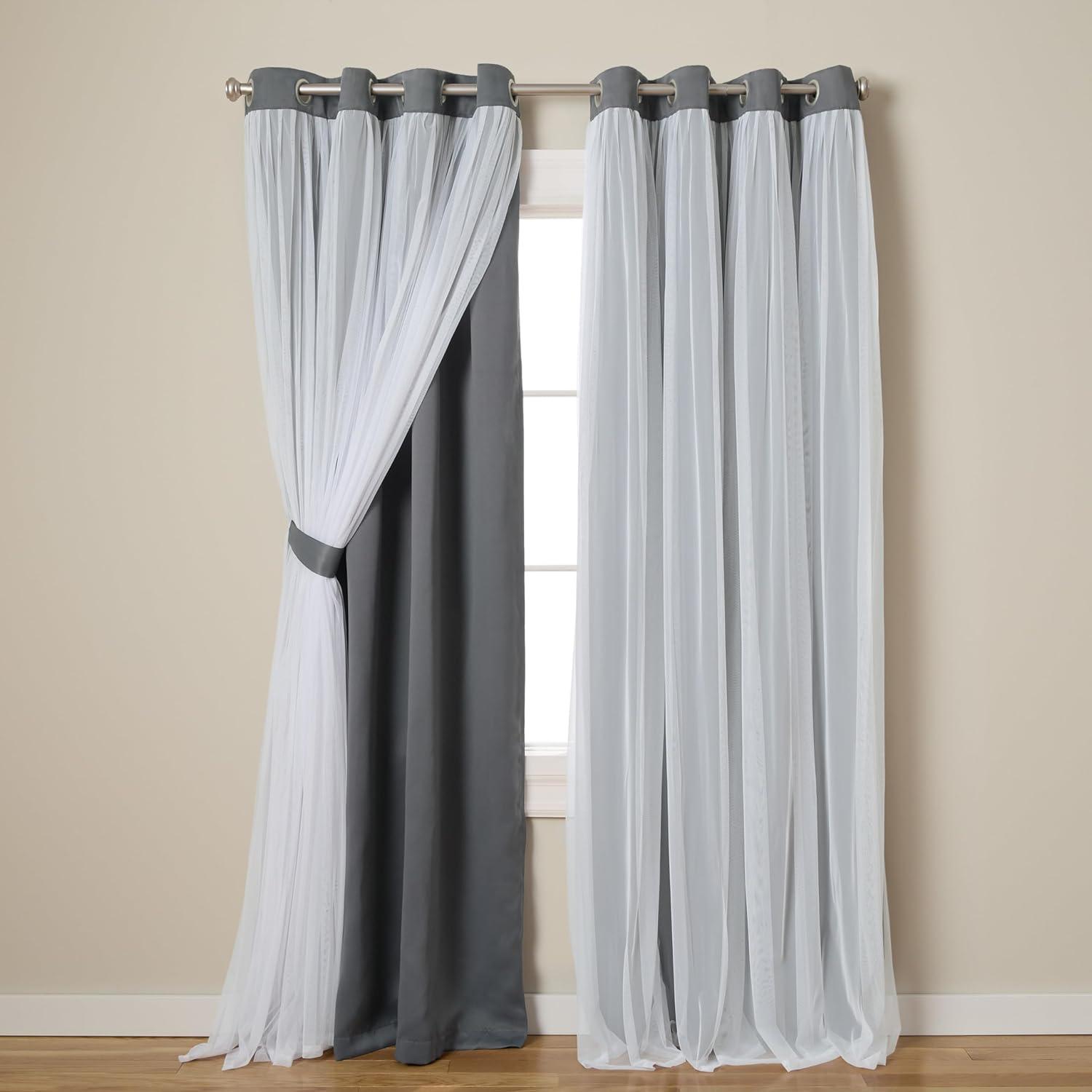Set of 2 (108"x52") Caterina Layered Solid Blackout with sheer top Curtain Panels Black Pearl - Exclusive Home