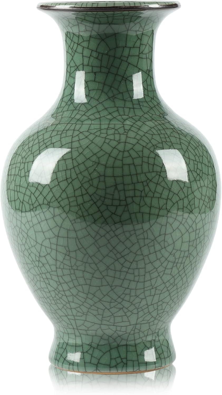 Green Ceramic Vase for Home Decor, Rustic Oriental Vases, Glazed Decorative Farmhouse Vase for Mantel, Table, Bookshelf, Living Room Decoration(Green)