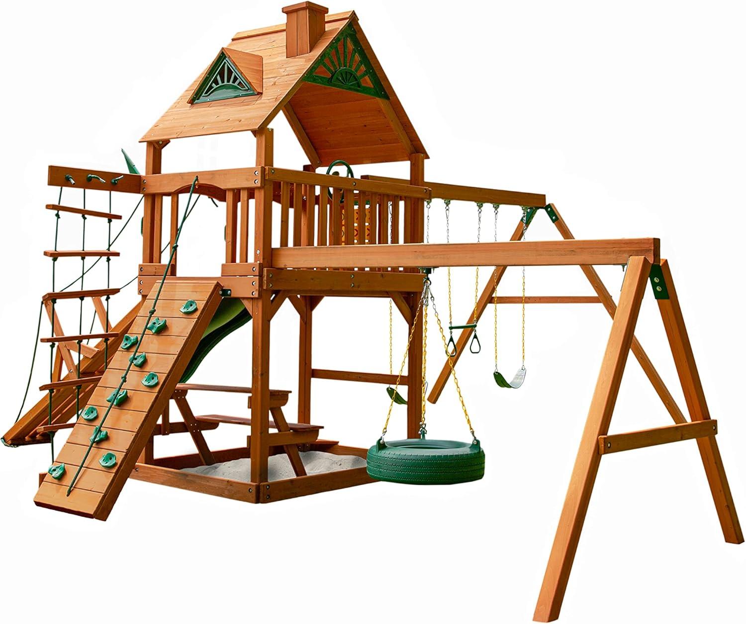 Gorilla Playsets Frontier Wooden Swing Set with Tire Swing, 2 Belt Swing, and Built-in Picnic Table