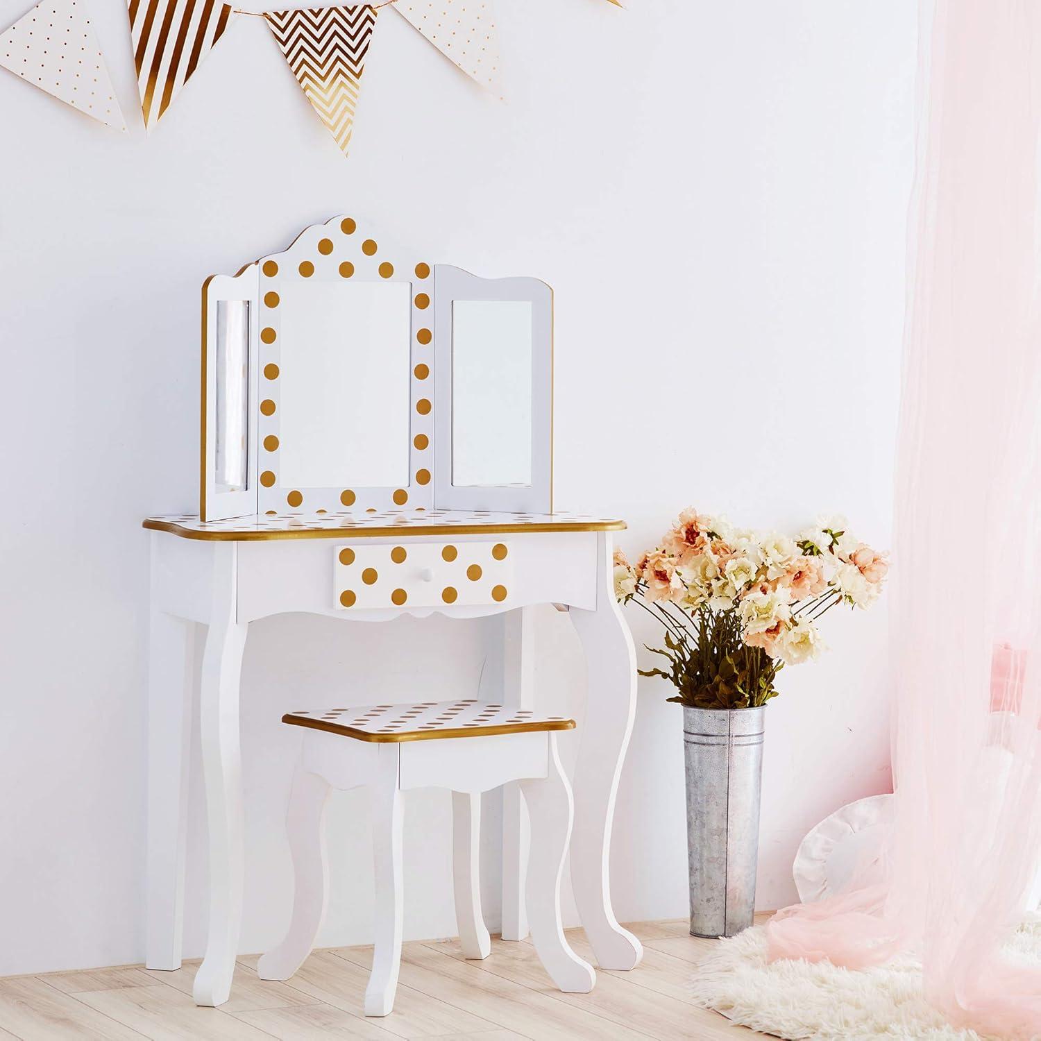 White and Gold Polka Dot Kids Vanity Set with Bench