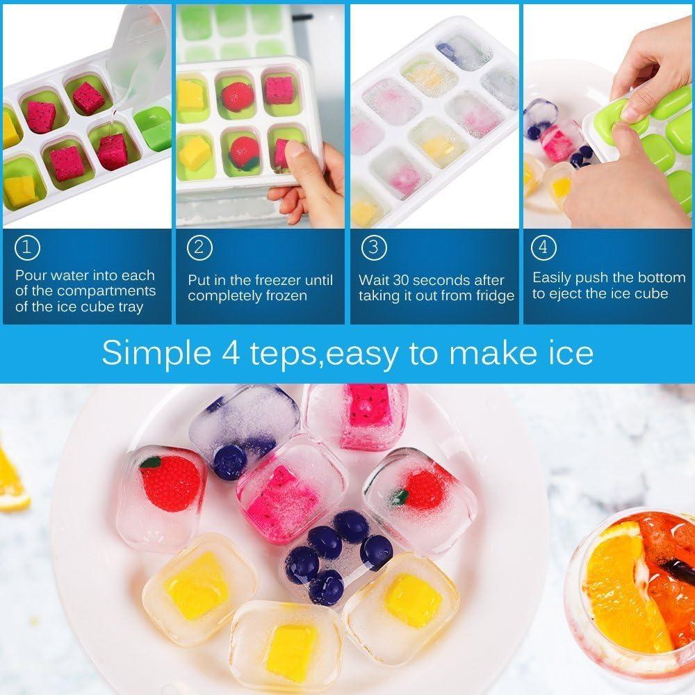 SDJMa Ice Cube Trays 4 Pack, Easy-Release Silicone Bottom 14-Ice Cube Maker with Spill-Resistant Removable Lid, BPA Free, for Cocktail, Freezer, Stackable Ice Trays with Covers