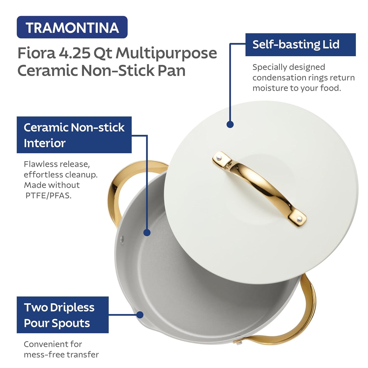 Tramontina Fiora 4.25-Quart Multipurpose Ceramic Non Stick Cooking Pan with Lid, White
