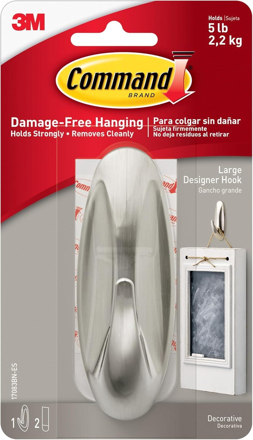 Command Large Designer Nickel Hook : Wall Hooks, Large Command Hooks, Silver, 5 lb Capacity, Decorative, Painted Finish