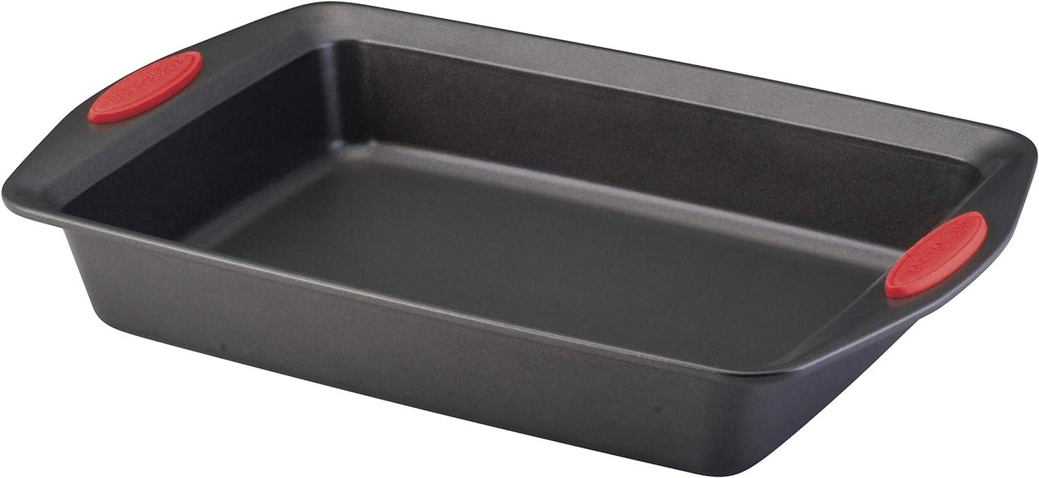 Gray Nonstick Rectangular Baking Pan with Red Silicone Grips